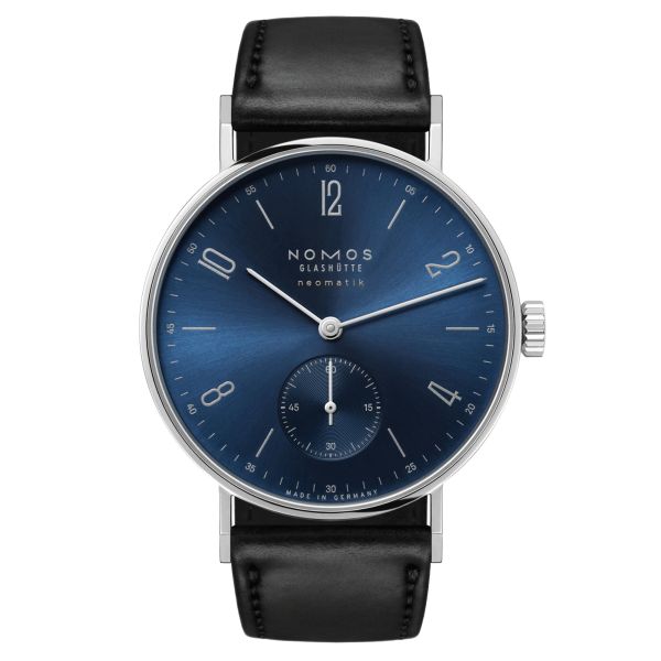 Montre Nomos Tangente Neomatik Or Bleu automatique fond acier cadran galvanisé bleu bracelet cuir noir 35 mm 191