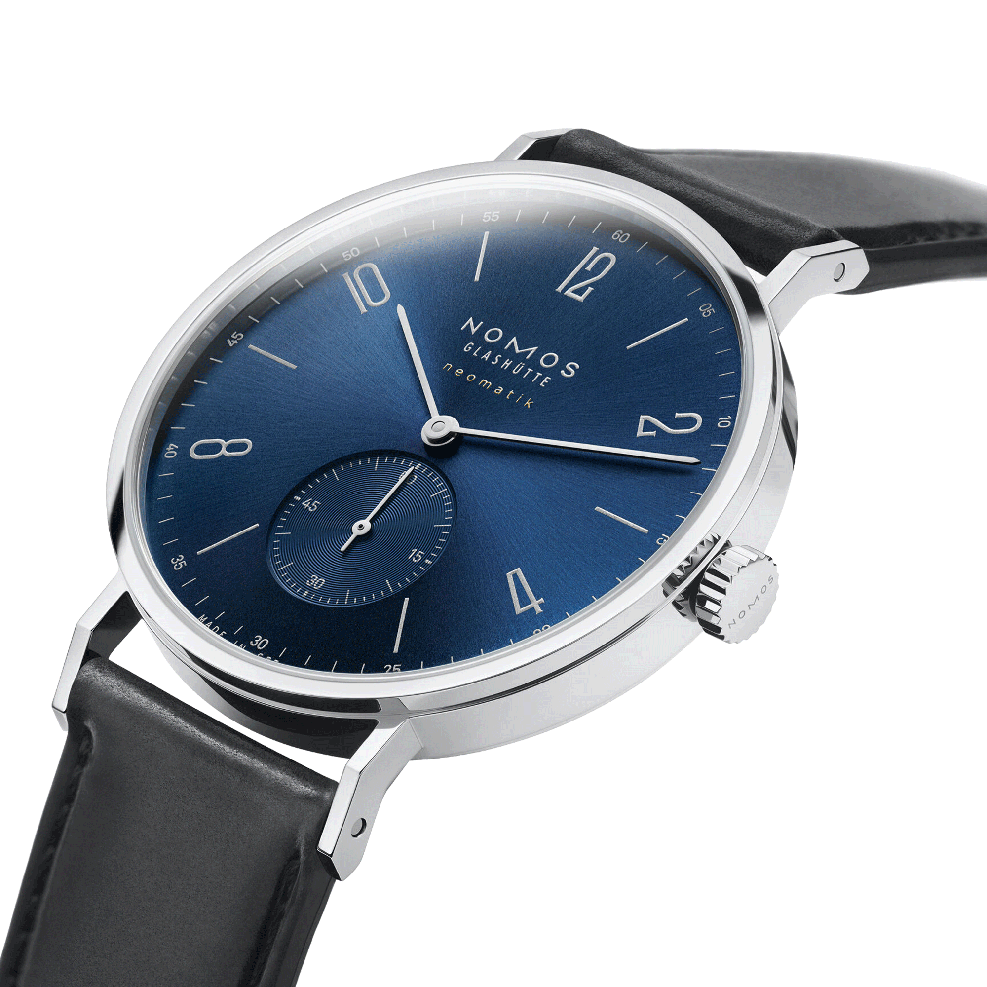 Montre Nomos Tangente Neomatik Or Bleu automatique fond acier cadran galvanisé bleu bracelet cuir noir 38,5 mm 146
