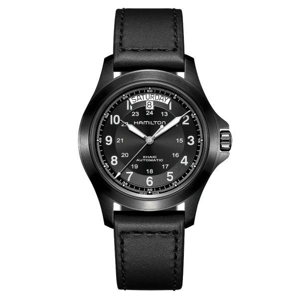 Montre Hamilton Khaki Field King automatique cadran noir bracelet cuir noir 40 mm H64465733