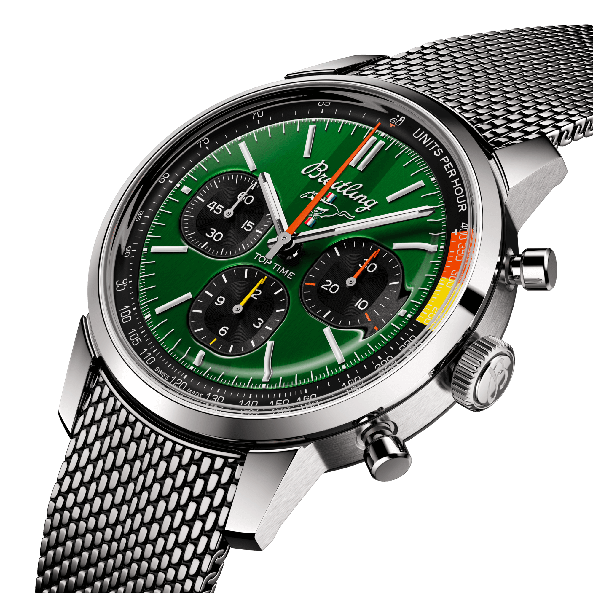 Montre Breitling Top Time B01 Ford Mustang automatique cadran vert bracelet acier maille milanaise 41 mm AB01762A1L1A1