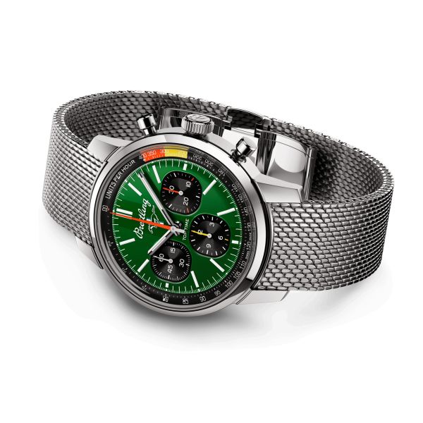 Montre Breitling Top Time B01 Ford Mustang automatique cadran vert bracelet acier maille milanaise 41 mm AB01762A1L1A1