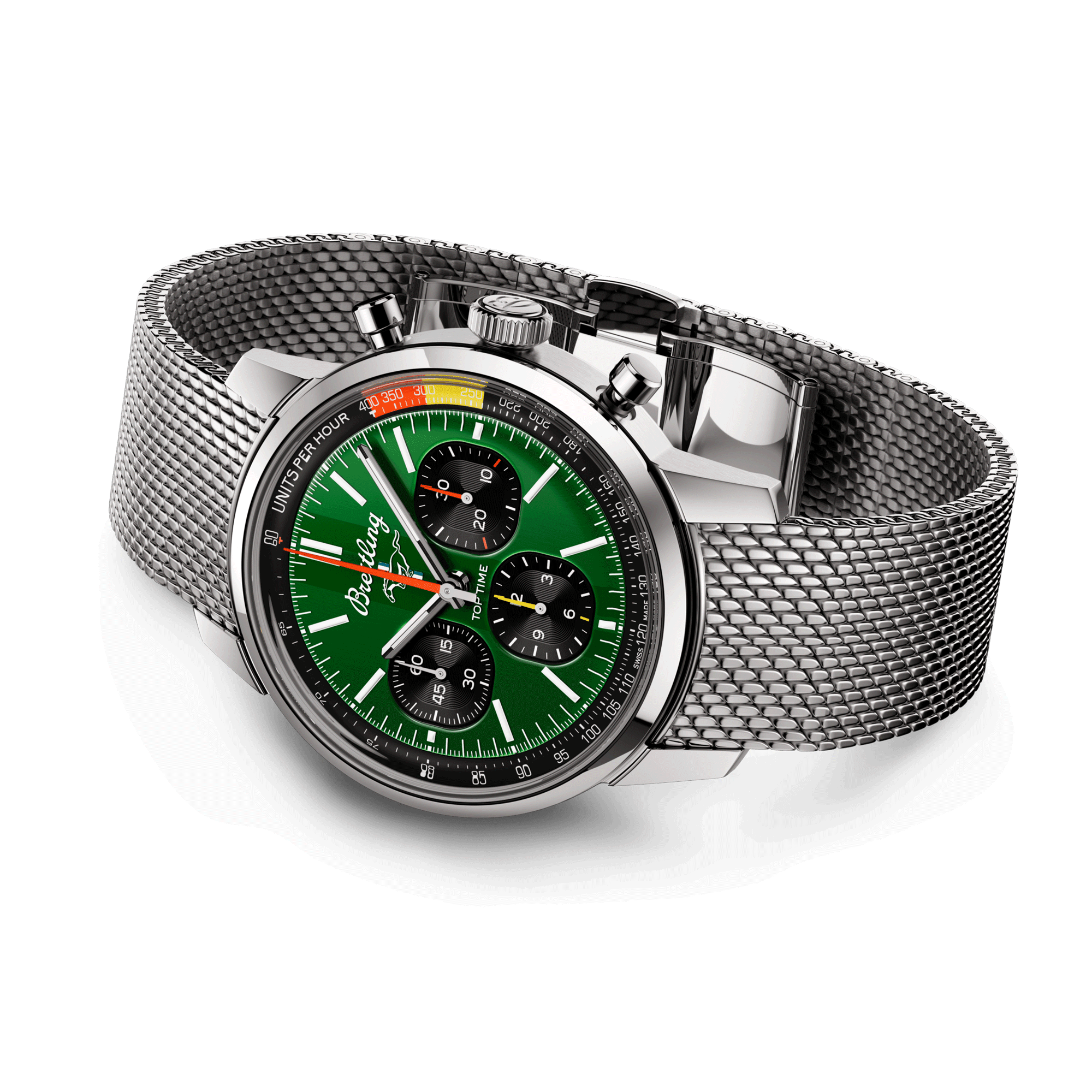 Montre Breitling Top Time B01 Ford Mustang automatique cadran vert bracelet acier maille milanaise 41 mm AB01762A1L1A1