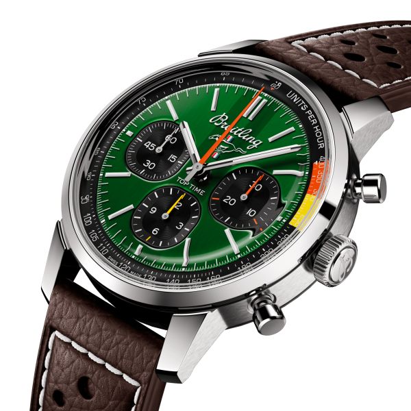 Breitling Top Time B01 Ford Mustang automatic watch green dial brown leather strap 41 mm
