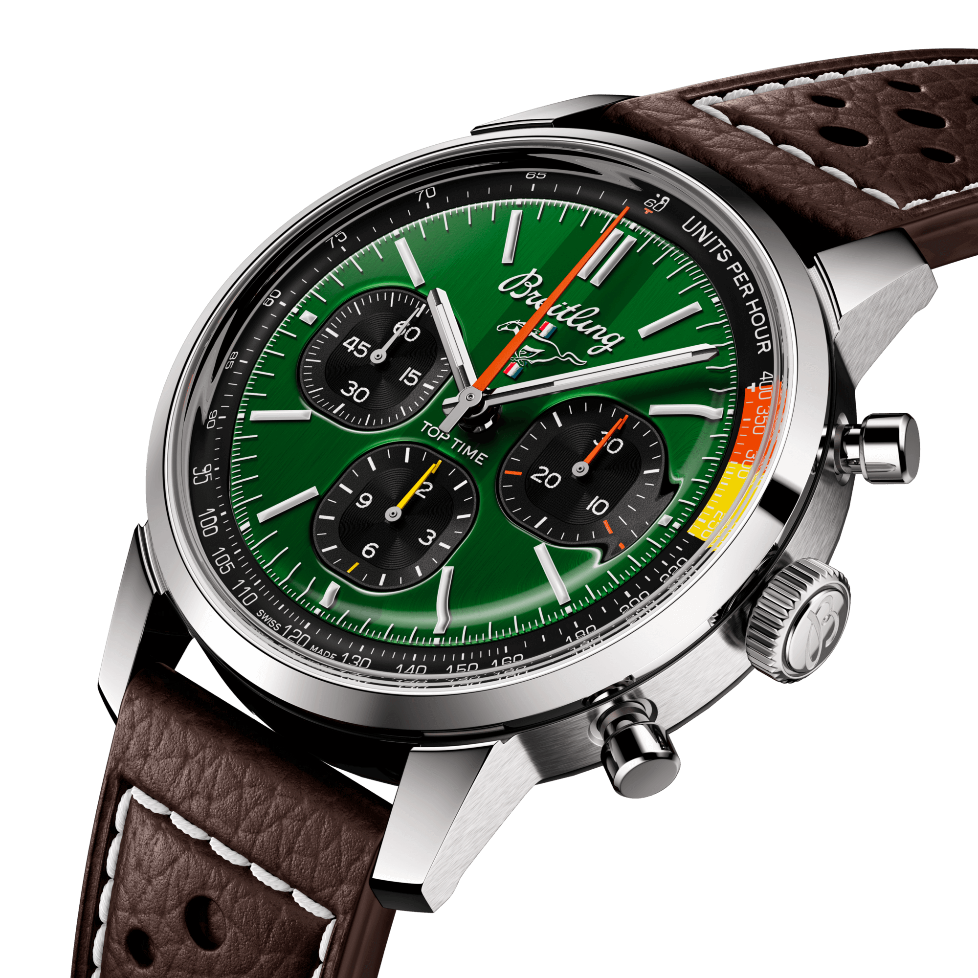 Breitling Top Time B01 Ford Mustang automatic watch green dial brown leather strap 41 mm