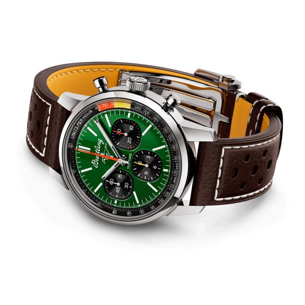 Breitling Top Time B01 Ford Mustang automatic watch green dial brown leather strap 41 mm