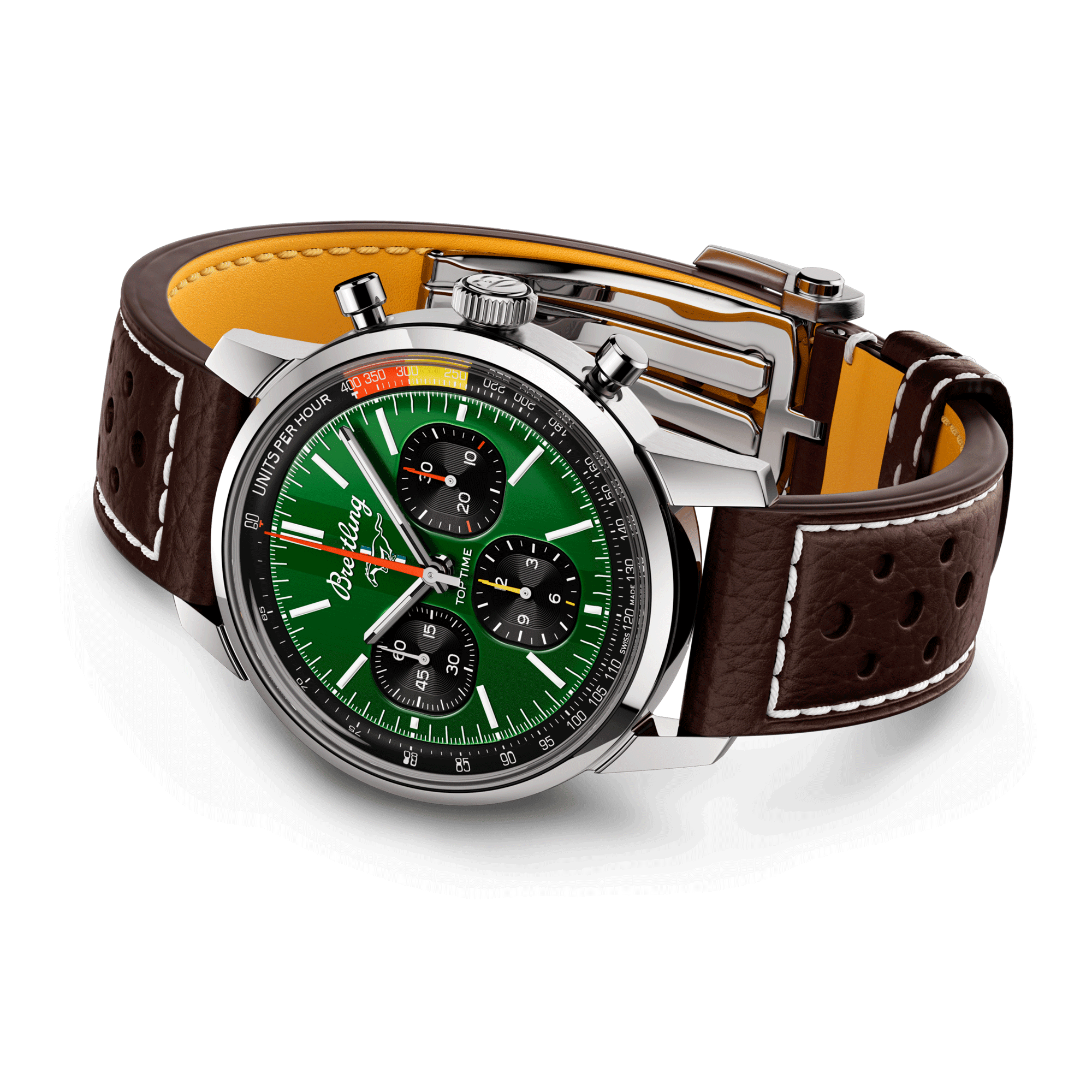 Breitling Top Time B01 Ford Mustang automatic watch green dial brown leather strap 41 mm