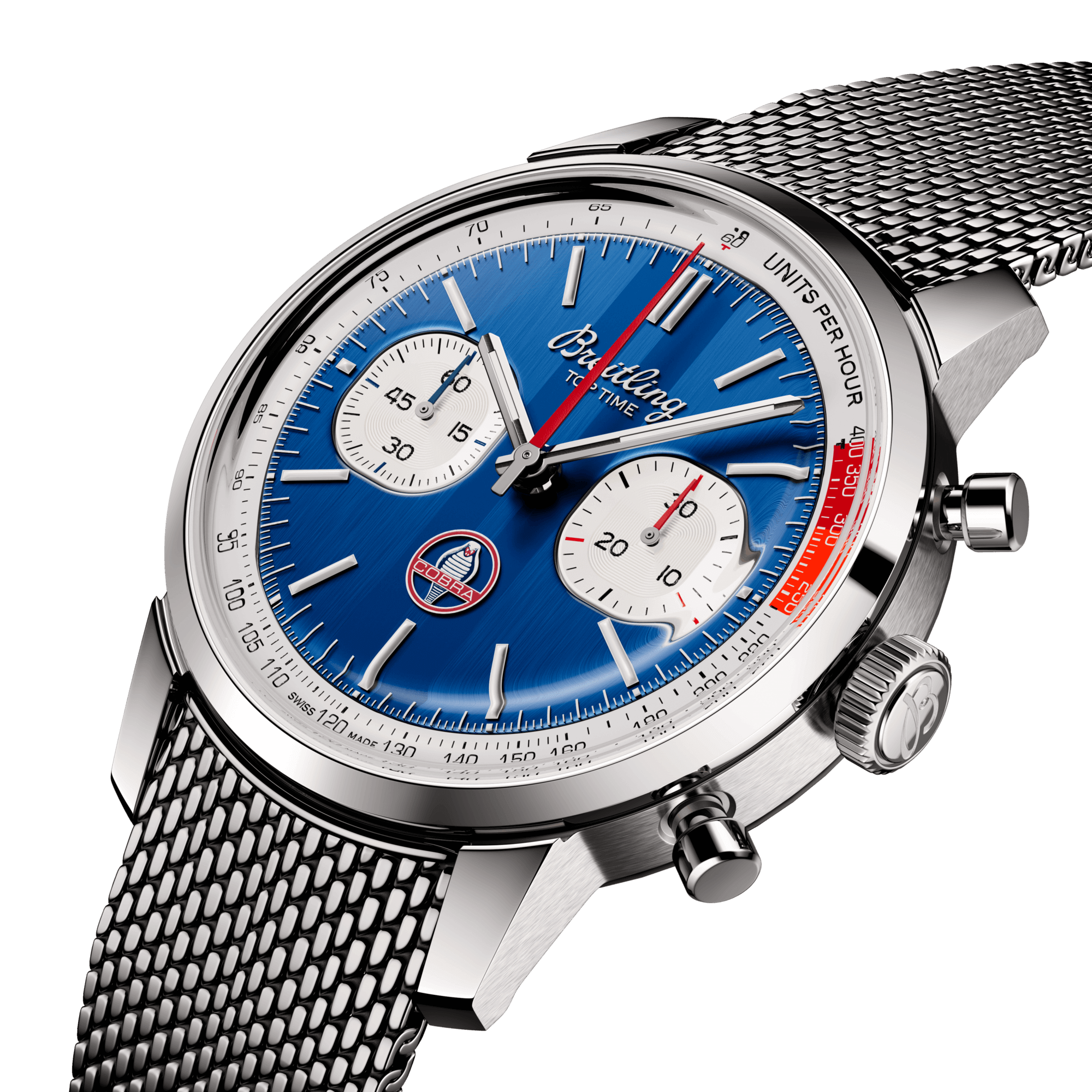 Montre Breitling Top Time B01 Shelby Cobra automatique cadran bleu bracelet acier maille milanaise 41 mm AB01763A1C1A1