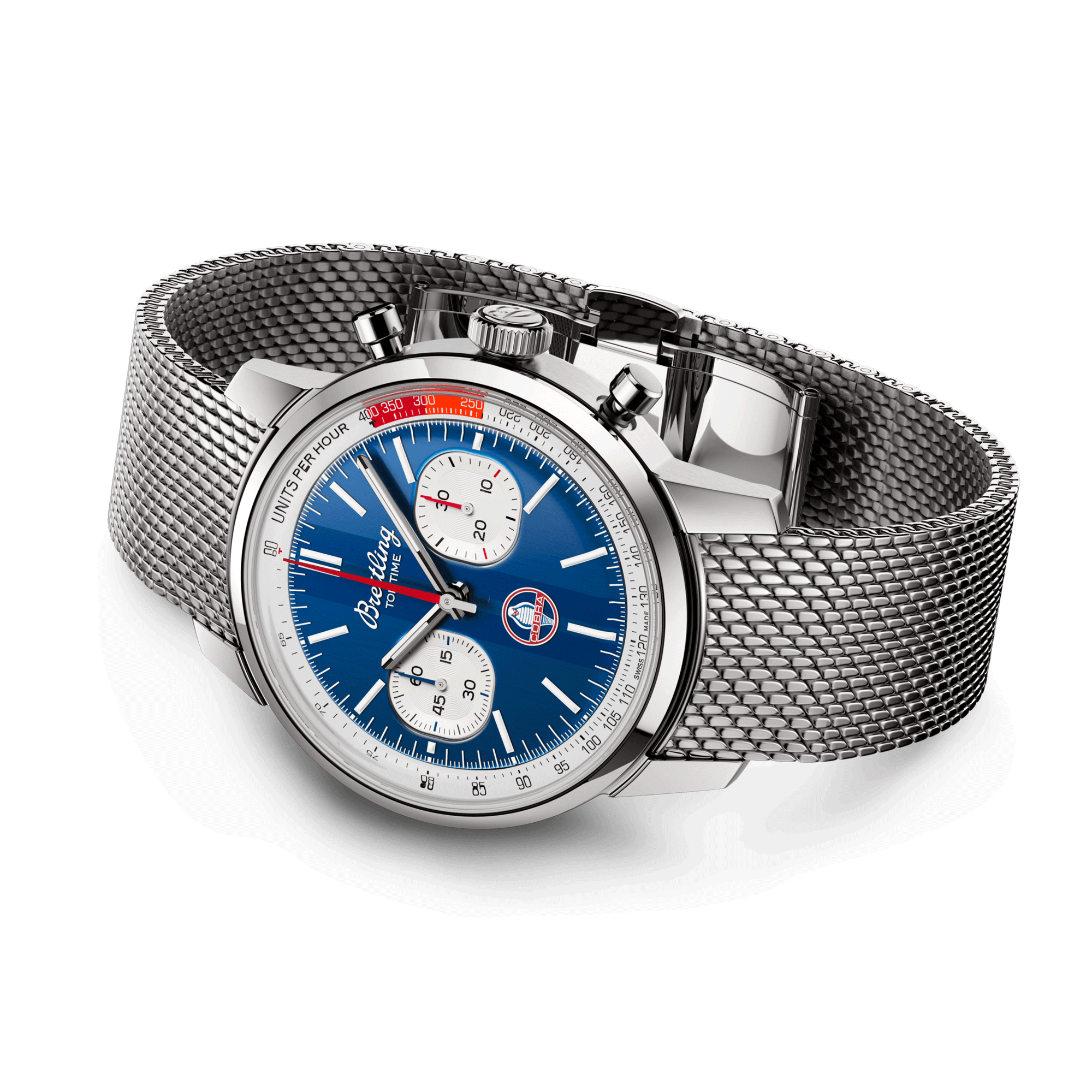 Montre Breitling Top Time B01 Shelby Cobra automatique cadran bleu bracelet acier maille milanaise 41 mm AB01763A1C1A1
