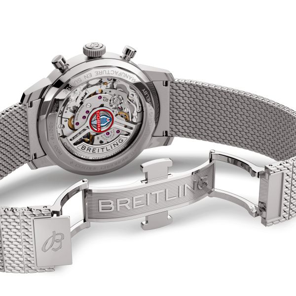 Montre Breitling Top Time B01 Shelby Cobra automatique cadran bleu bracelet acier maille milanaise 41 mm AB01763A1C1A1