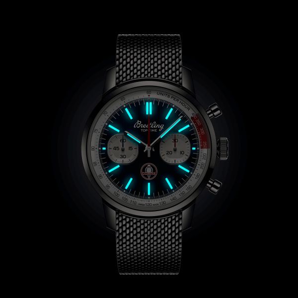 Montre Breitling Top Time B01 Shelby Cobra automatique cadran bleu bracelet acier maille milanaise 41 mm AB01763A1C1A1