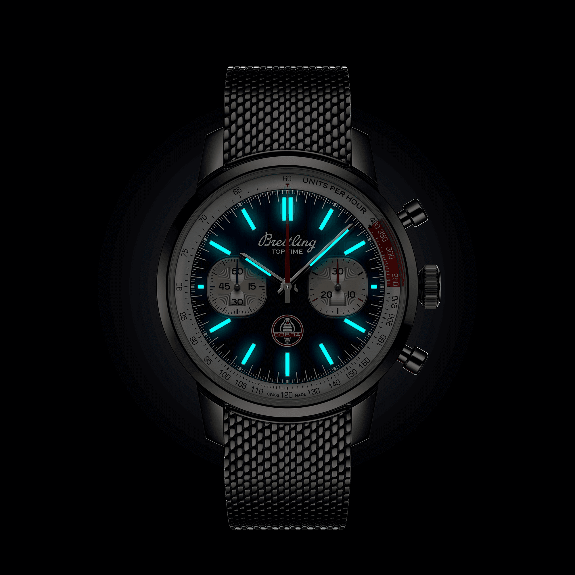 Montre Breitling Top Time B01 Shelby Cobra automatique cadran bleu bracelet acier maille milanaise 41 mm AB01763A1C1A1