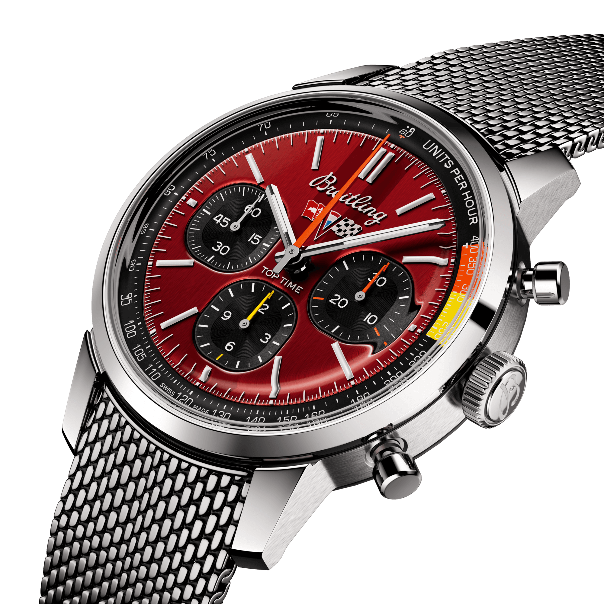 Montre Breitling Top Time B01 Chevrolet Corvette automatique cadran rouge bracelet acier maille milanaise 41 mm AB01761A1K1A1