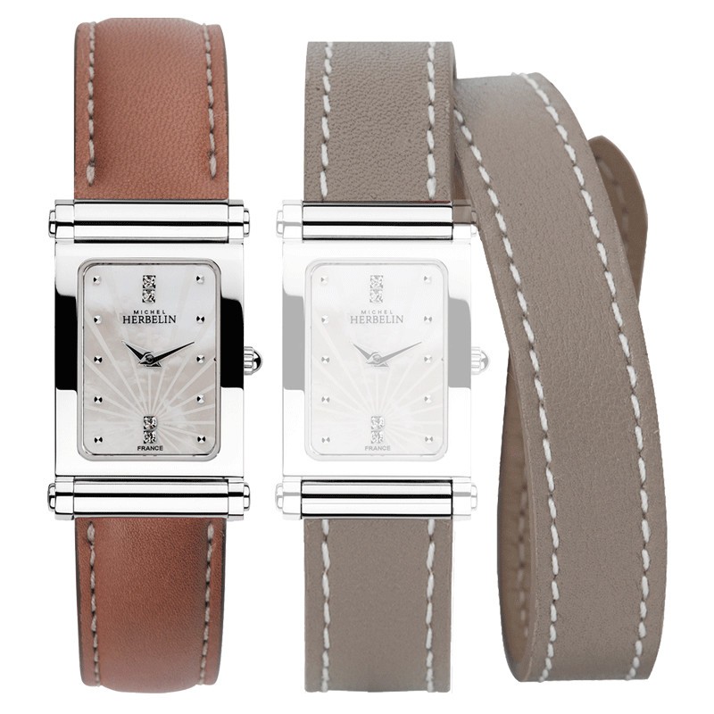 Montre Michel Herbelin Coffret Antarès quartz cadran nacre bracelets cuir gris et brun