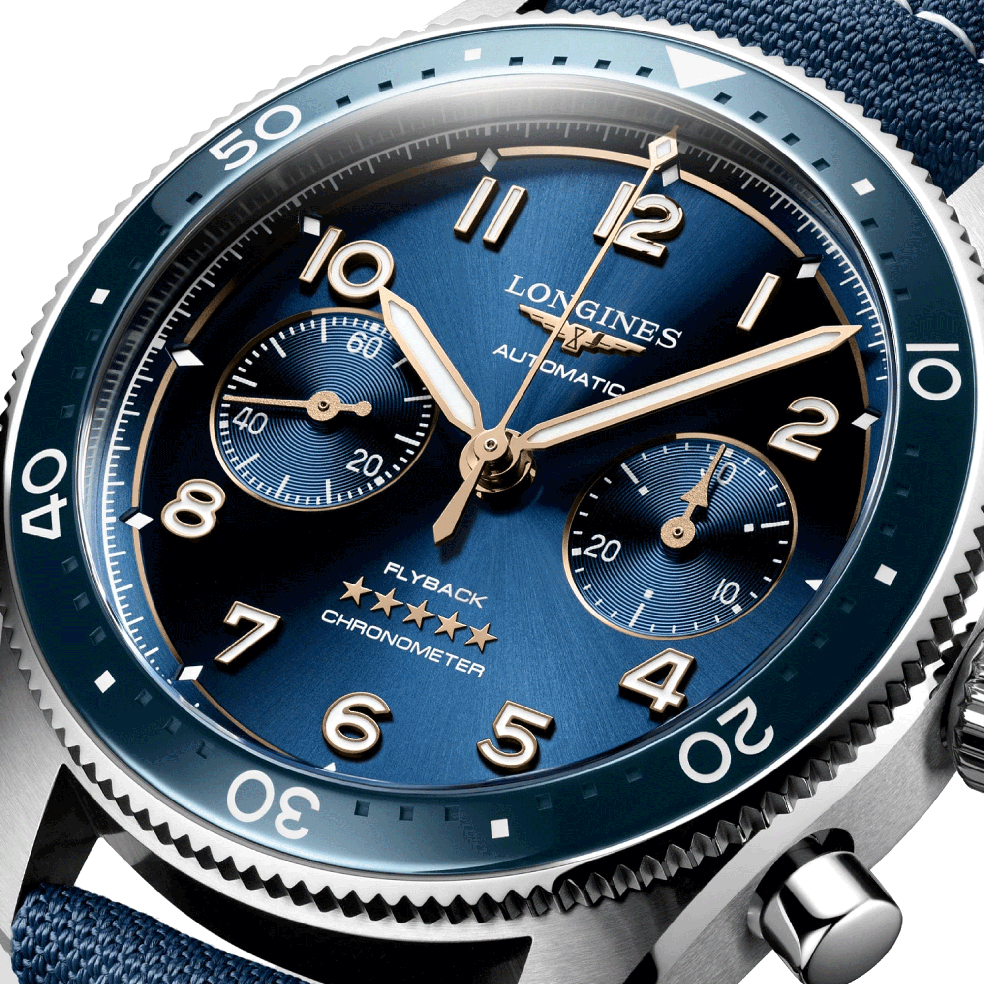 Longines Spirit Flyback automatic watch blue dial blue fabric strap 42 mm L3.821.4.93.2