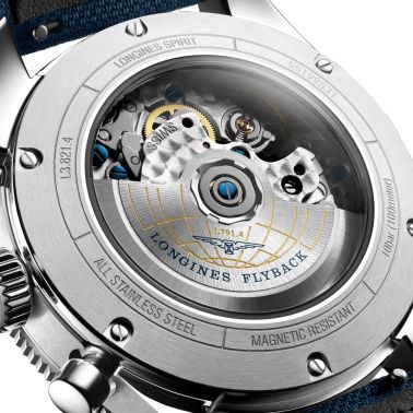 Montre Longines Spirit Flyback automatique cadran bleu bracelet tissu bleu 42 mm L3.821.4.93.2