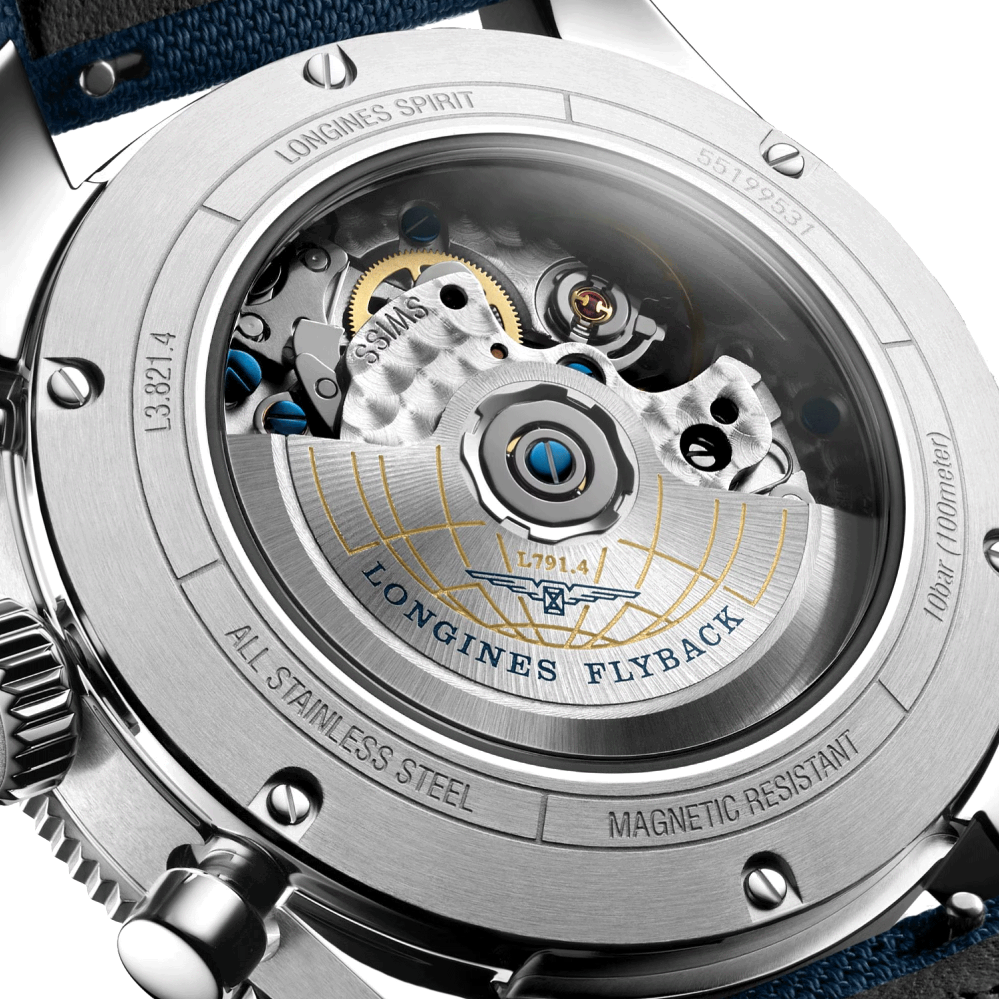 Montre Longines Spirit Flyback automatique cadran bleu bracelet tissu bleu 42 mm L3.821.4.93.2