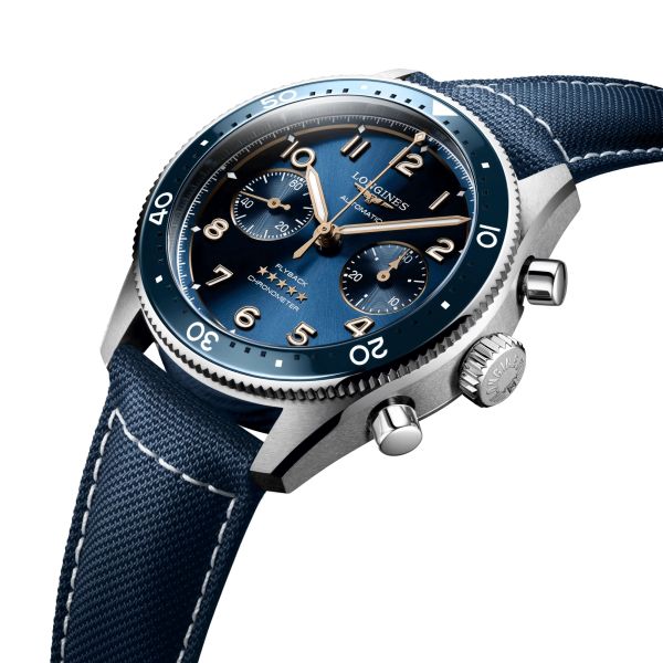 Montre Longines Spirit Flyback automatique cadran bleu bracelet tissu bleu 42 mm L3.821.4.93.2