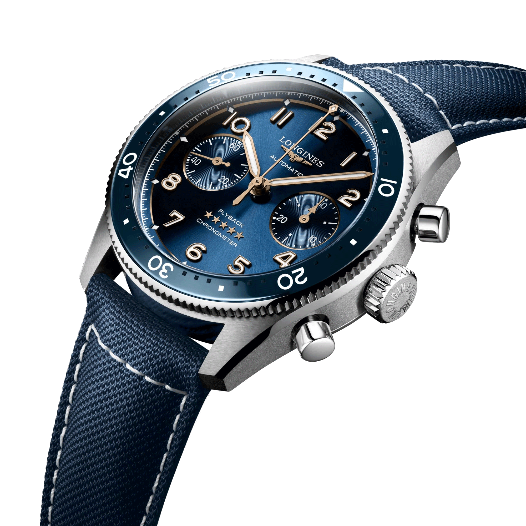 Montre Longines Spirit Flyback automatique cadran bleu bracelet tissu bleu 42 mm L3.821.4.93.2