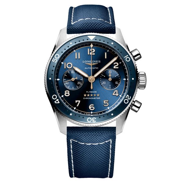Montre Longines Spirit Flyback automatique cadran bleu bracelet tissu bleu 42 mm L3.821.4.93.2