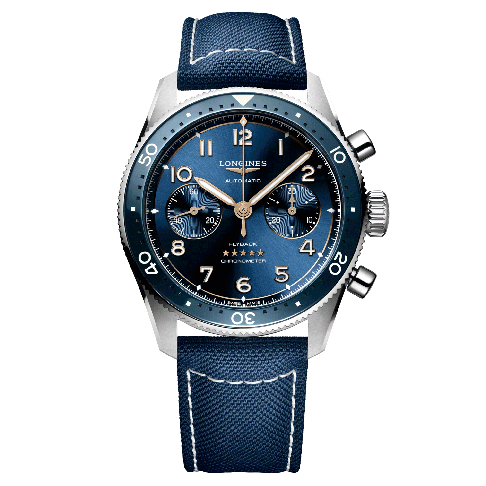 Montre Longines Spirit Flyback automatique cadran bleu bracelet tissu bleu 42 mm L3.821.4.93.2