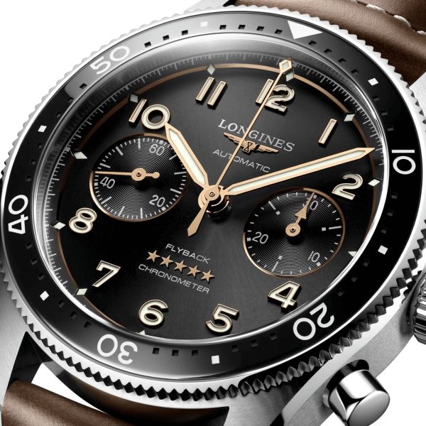 Longines Spirit Flyback automatic watch black dial brown leather strap 42 mm L3.821.4.53.2