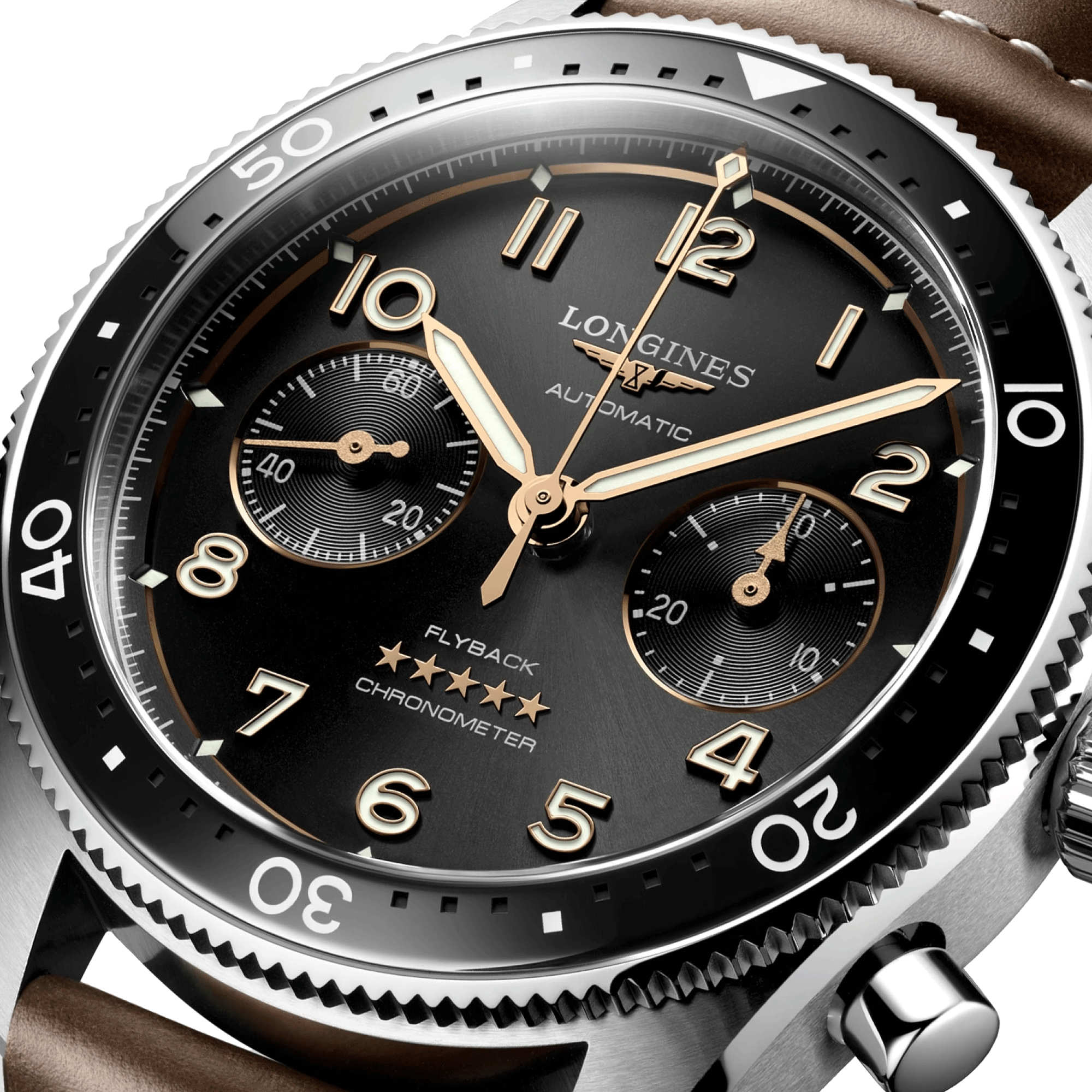 Longines Spirit Flyback automatic watch black dial brown leather strap 42 mm L3.821.4.53.2