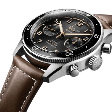 Longines Spirit Flyback automatic watch black dial brown leather strap 42 mm L3.821.4.53.2
