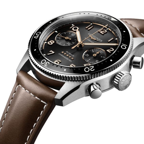 Longines Spirit Flyback automatic watch black dial brown leather strap 42 mm L3.821.4.53.2