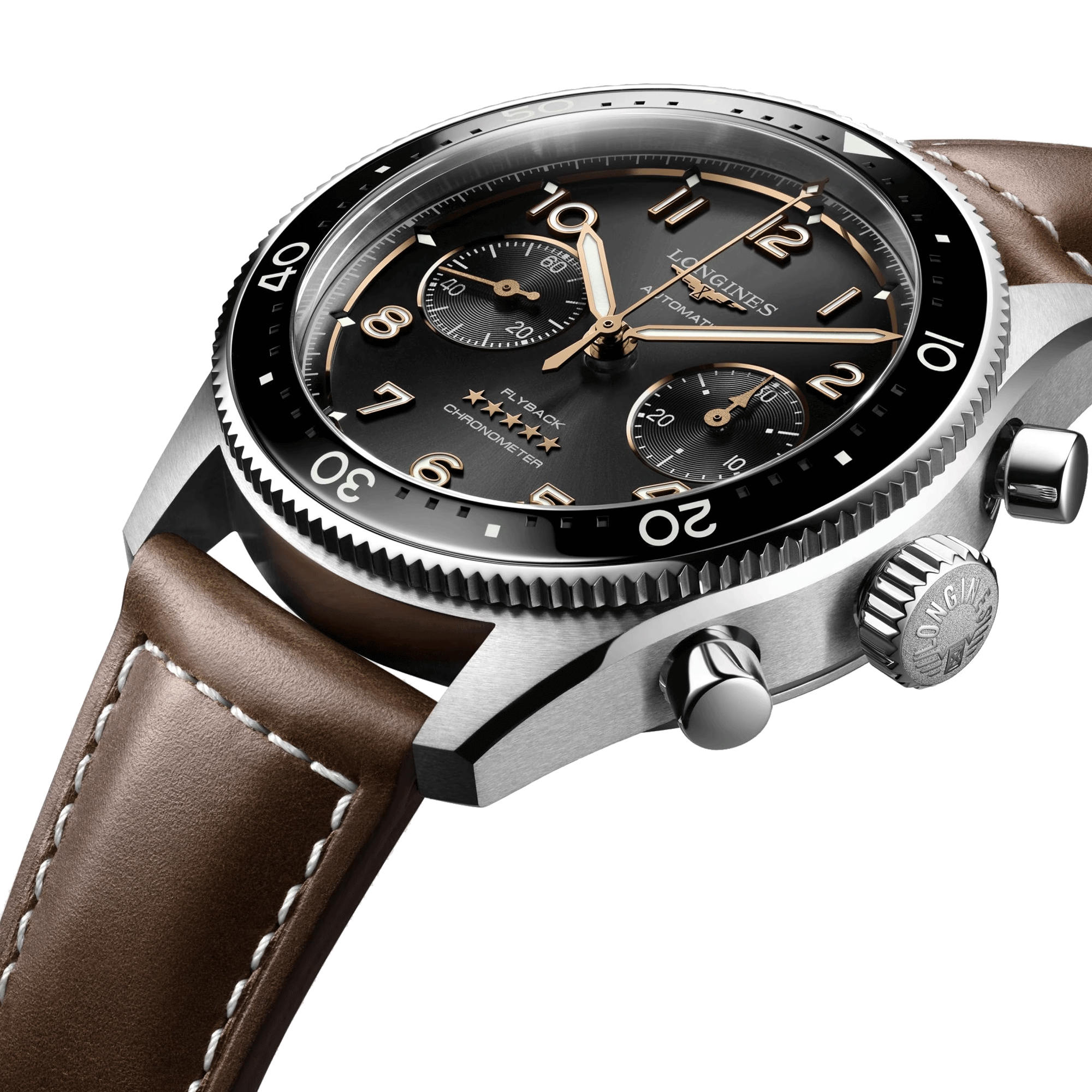 Longines Spirit Flyback automatic watch black dial brown leather strap 42 mm L3.821.4.53.2