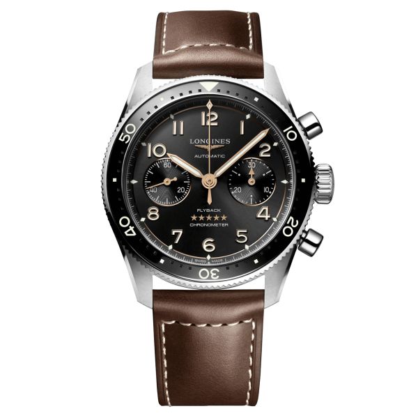 Longines Spirit Flyback automatic watch black dial brown leather strap 42 mm L3.821.4.53.2