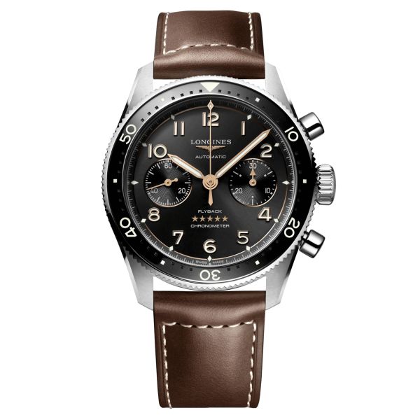 Montre Longines Spirit Flyback automatique cadran noir bracelet cuir marron 42 mm L3.821.4.53.2