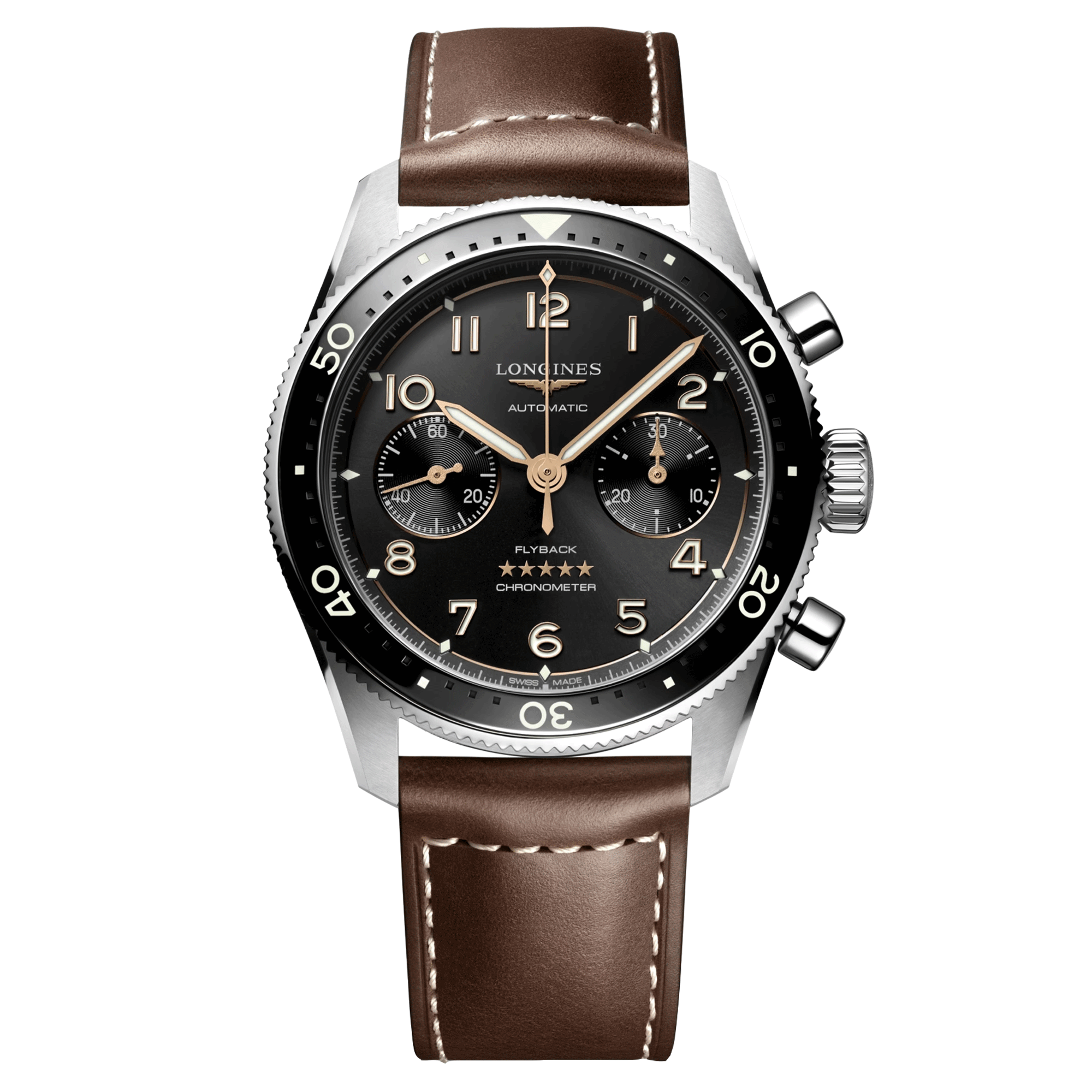 Longines Spirit Flyback automatic watch black dial brown leather strap 42 mm L3.821.4.53.2