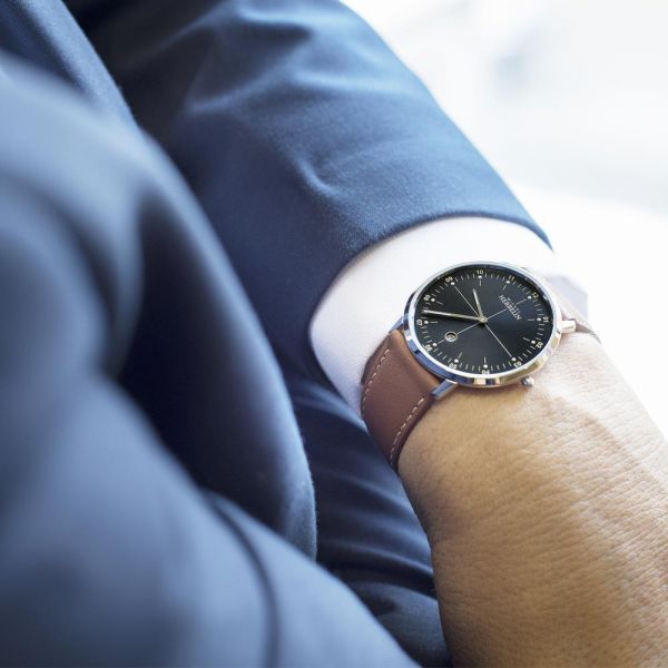 Montre Michel Herbelin City quartz cadran noir bracelet cuir brun 38,7 mm