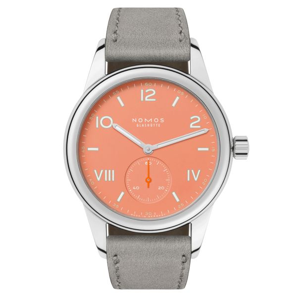 Montre Nomos Club Campus Cream Coral mécanique cadran corail bracelet cuir gris 36 mm 714