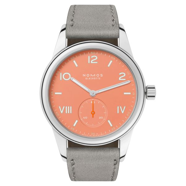 Nomos Club Campus Cream Coral mechanical watch coral dial grey leather strap 36 mm 714