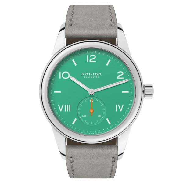 Nomos Club Campus Electric Green mechanical watch green dial grey leather strap 36 mm 715