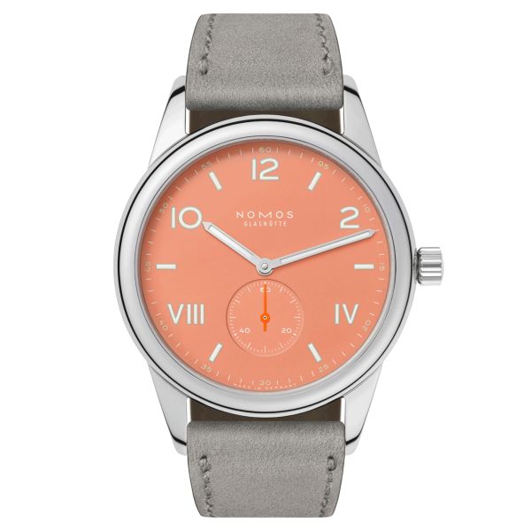 Montre Nomos Club Campus Cream Coral mécanique cadran corail bracelet cuir gris 38,5 mm 725