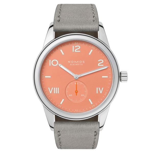 Nomos Club Campus Cream Coral mechanical watch coral dial grey leather strap 38,5 mm 725