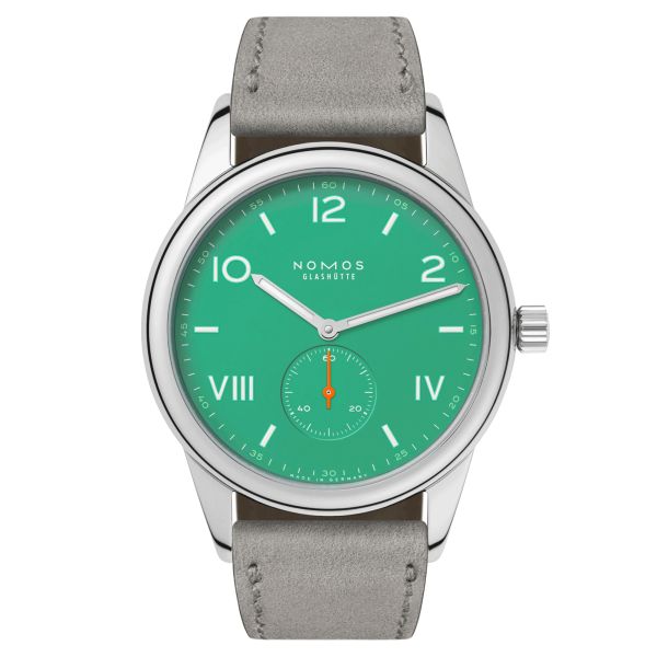Nomos Club Campus Electric Green mechanical watch green dial grey leather strap 38,5 mm 726