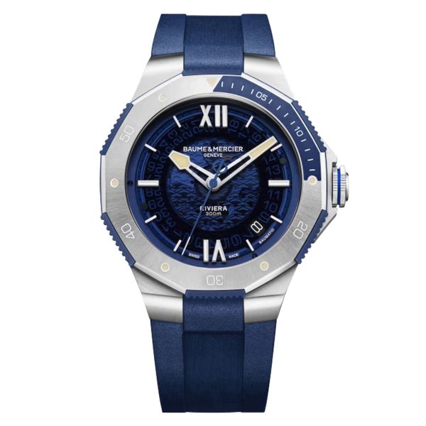 Montre Baume et Mercier Riviera automatique cadran bleu bracelet caoutchouc bleu 42 mm 10716