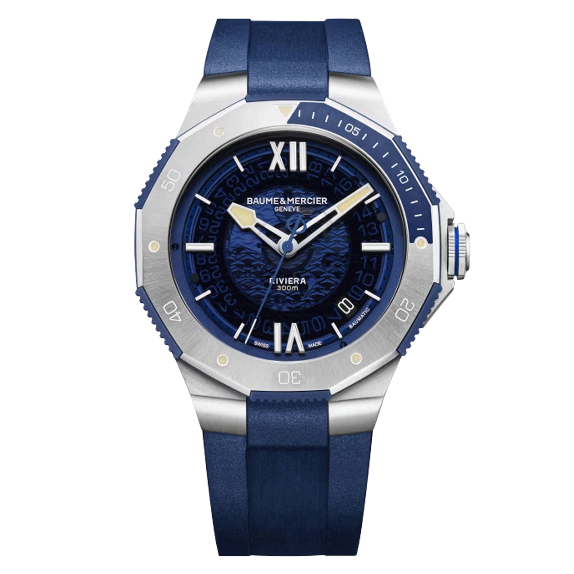 Baume et Mercier Riviera watch automatic blue dial blue rubber strap 42 mm 10716