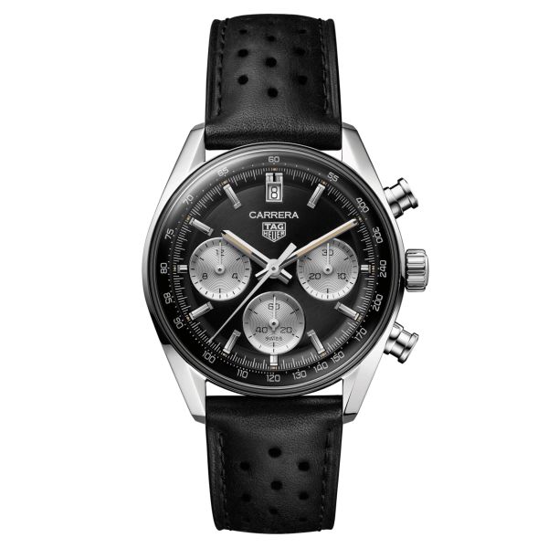 TAG Heuer Carrera Chronograph automatic watch black dial black leather strap 39 mm CBS2210.FC6534