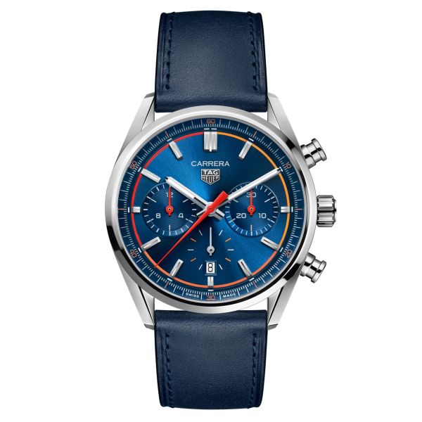 Montre TAG Heuer Carrera Chronograph automatique cercle orange rouge cadran bleu bracelet cuir bleu 42 mm CBN201D.FC6543