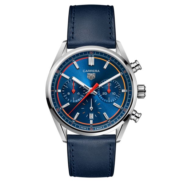 TAG Heuer Carrera Chronograph automatic watch orange circle red dial blue leather strap 42 mm CBN201D.FC6543