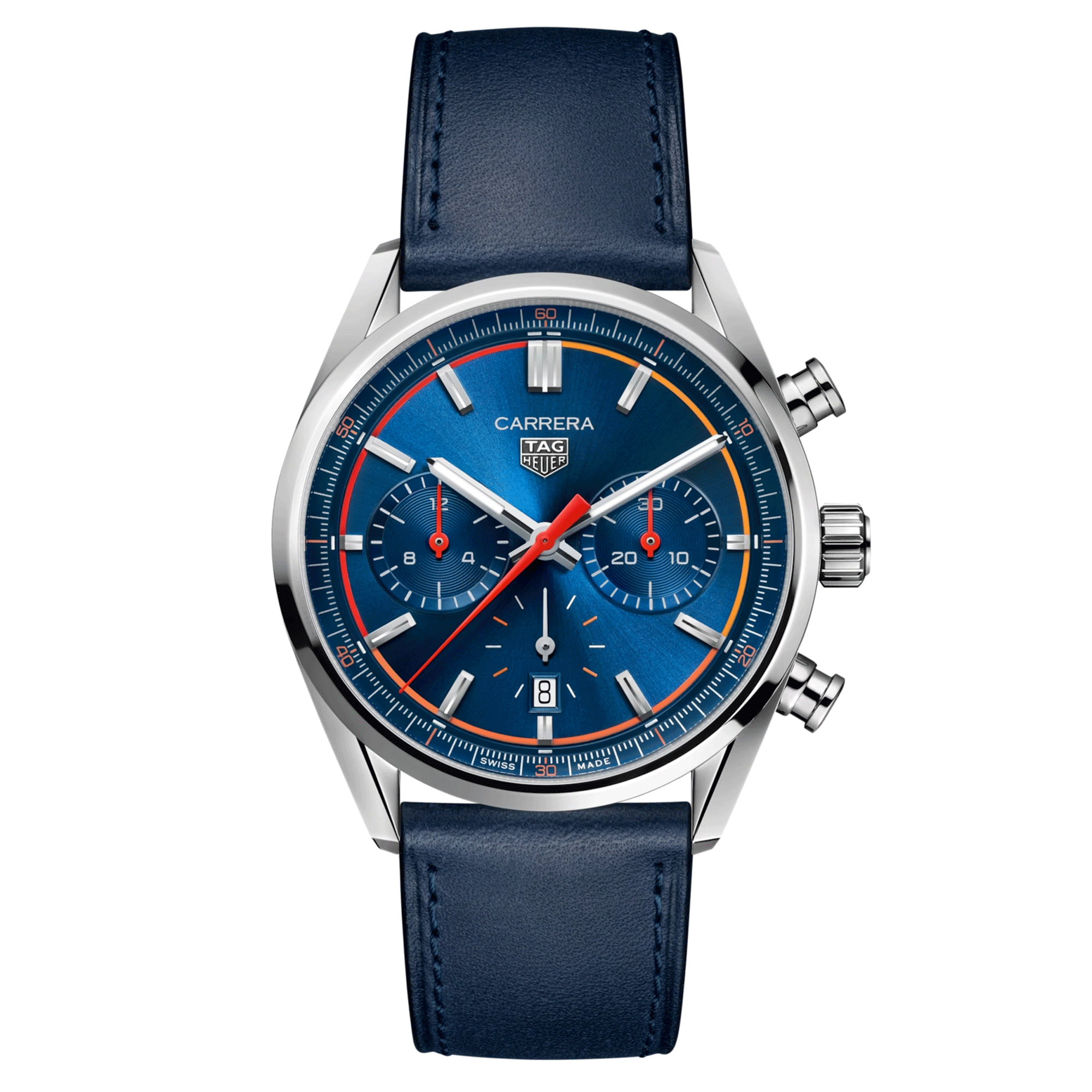 Montre TAG Heuer Carrera Chronograph automatique cercle orange rouge cadran bleu bracelet cuir bleu 42 mm CBN201D.FC6543