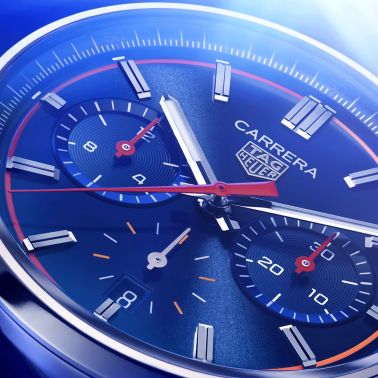 Montre TAG Heuer Carrera Chronograph automatique cercle orange rouge cadran bleu bracelet cuir bleu 42 mm CBN201D.FC6543