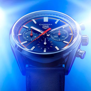 Montre TAG Heuer Carrera Chronograph automatique cercle orange rouge cadran bleu bracelet cuir bleu 42 mm CBN201D.FC6543