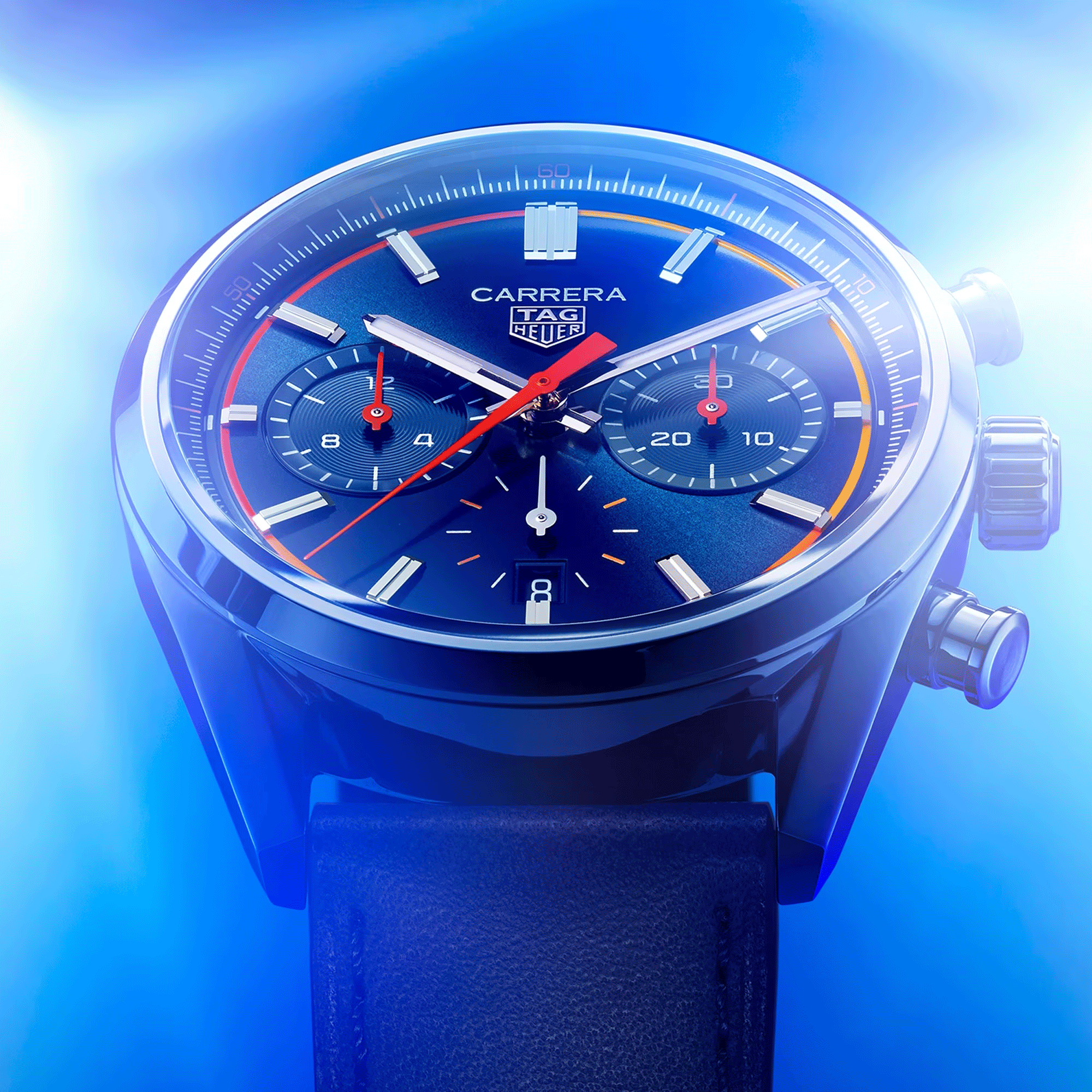 Montre TAG Heuer Carrera Chronograph automatique cercle orange rouge cadran bleu bracelet cuir bleu 42 mm CBN201D.FC6543