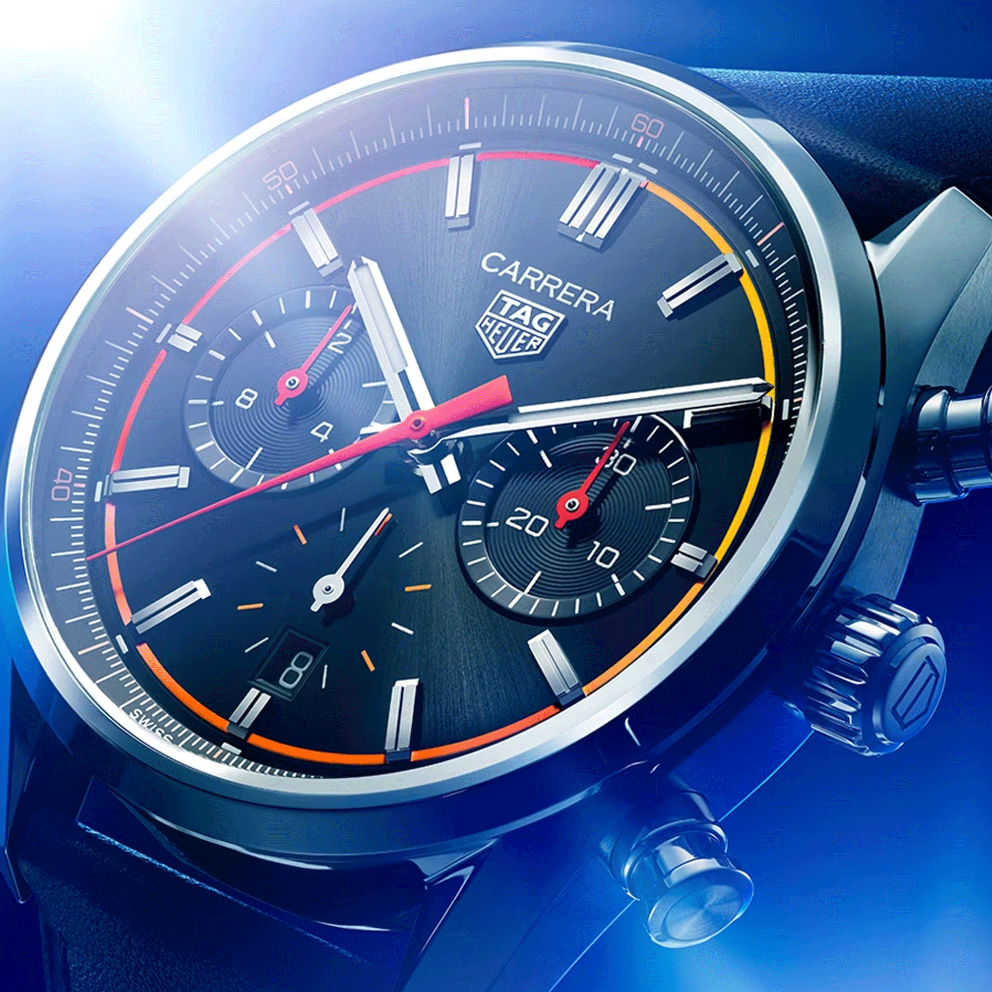 Montre TAG Heuer Carrera Chronograph automatique cercle orange rouge cadran noir bracelet cuir noir 42 mm CBN201C.FC6542