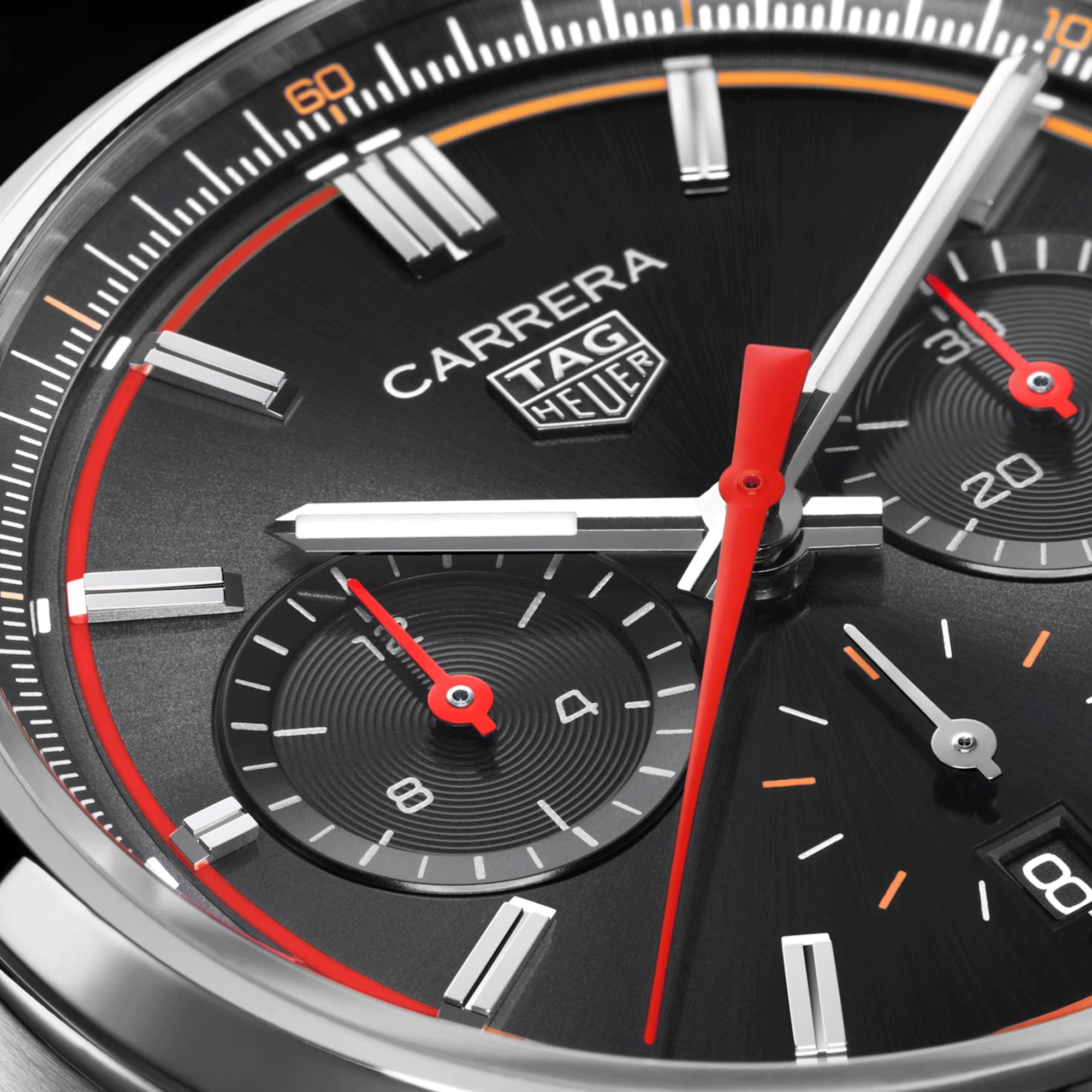 Montre TAG Heuer Carrera Chronograph automatique cercle orange rouge cadran noir bracelet cuir noir 42 mm CBN201C.FC6542